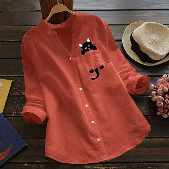 🔥V-neck Cotton And Cat Print Long Sleeve Blouse