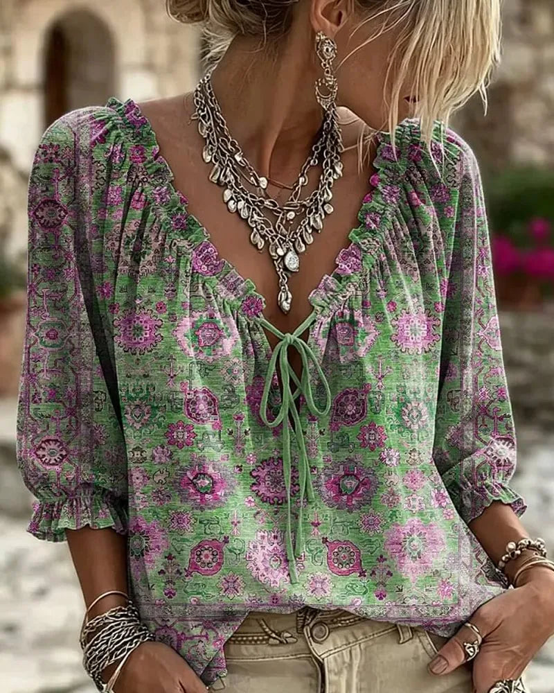 V-Neck Tie Vintage Print Blouse