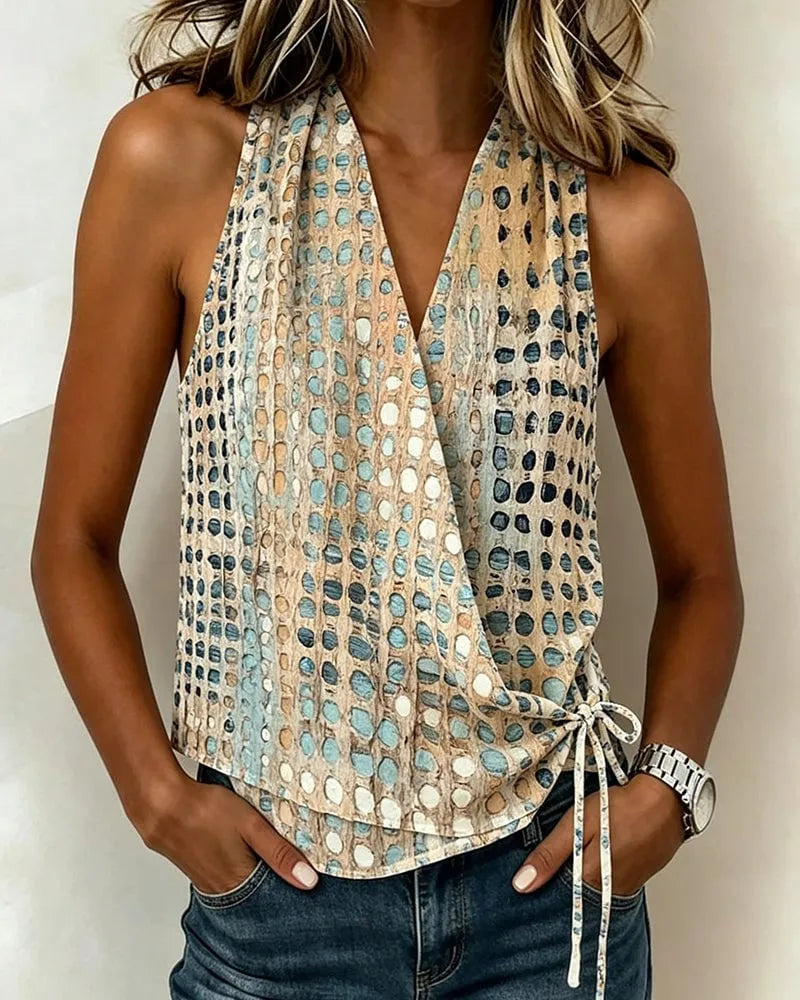 ❤V-Neck Cross Halter Polka Dot Sleeveless Blouse