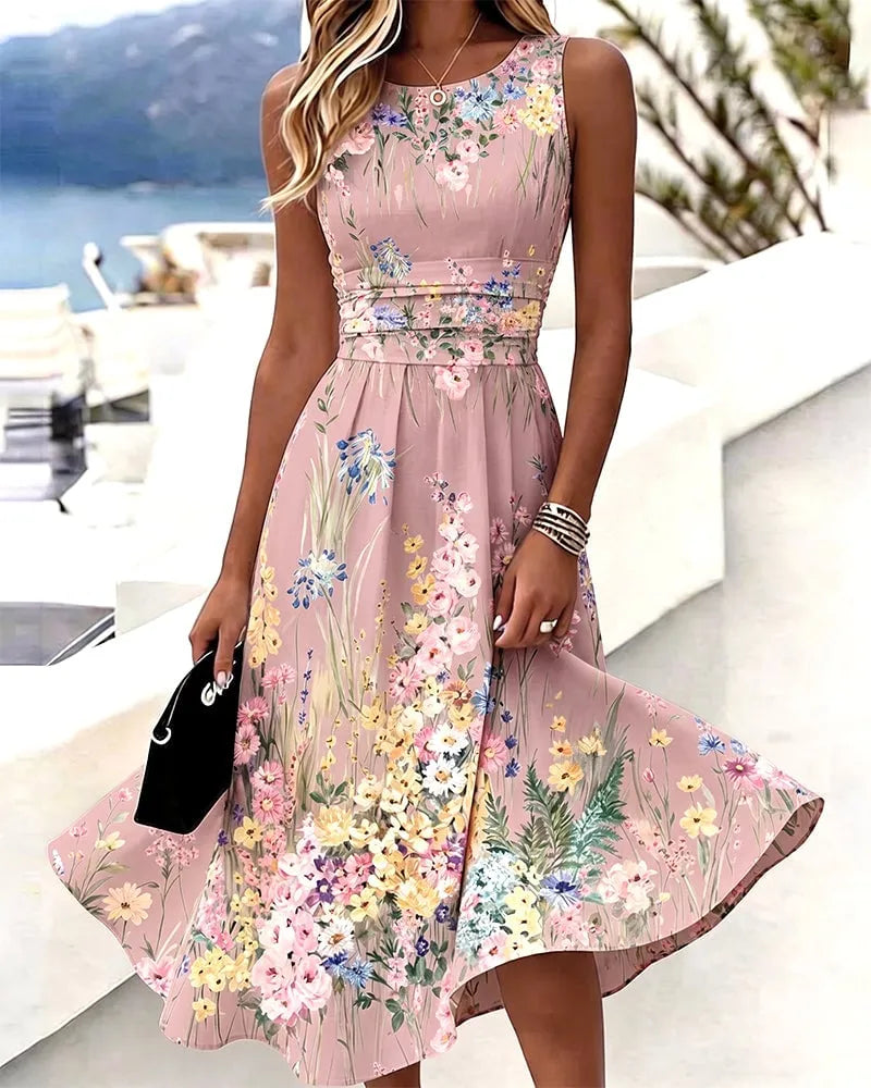 šSleeveless Floral Print Waist-Cinching Dress