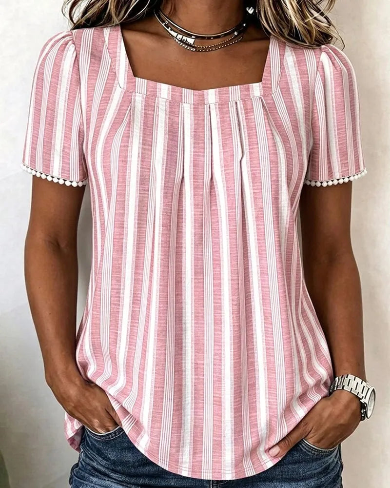 ðStriped Square-Neck Short-Sleeve Blouse