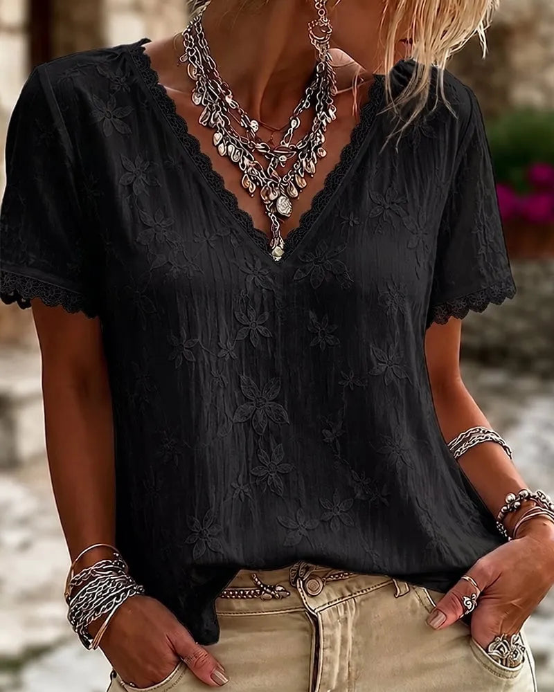 🍃V-Neck Lace Short Sleeve Blouse