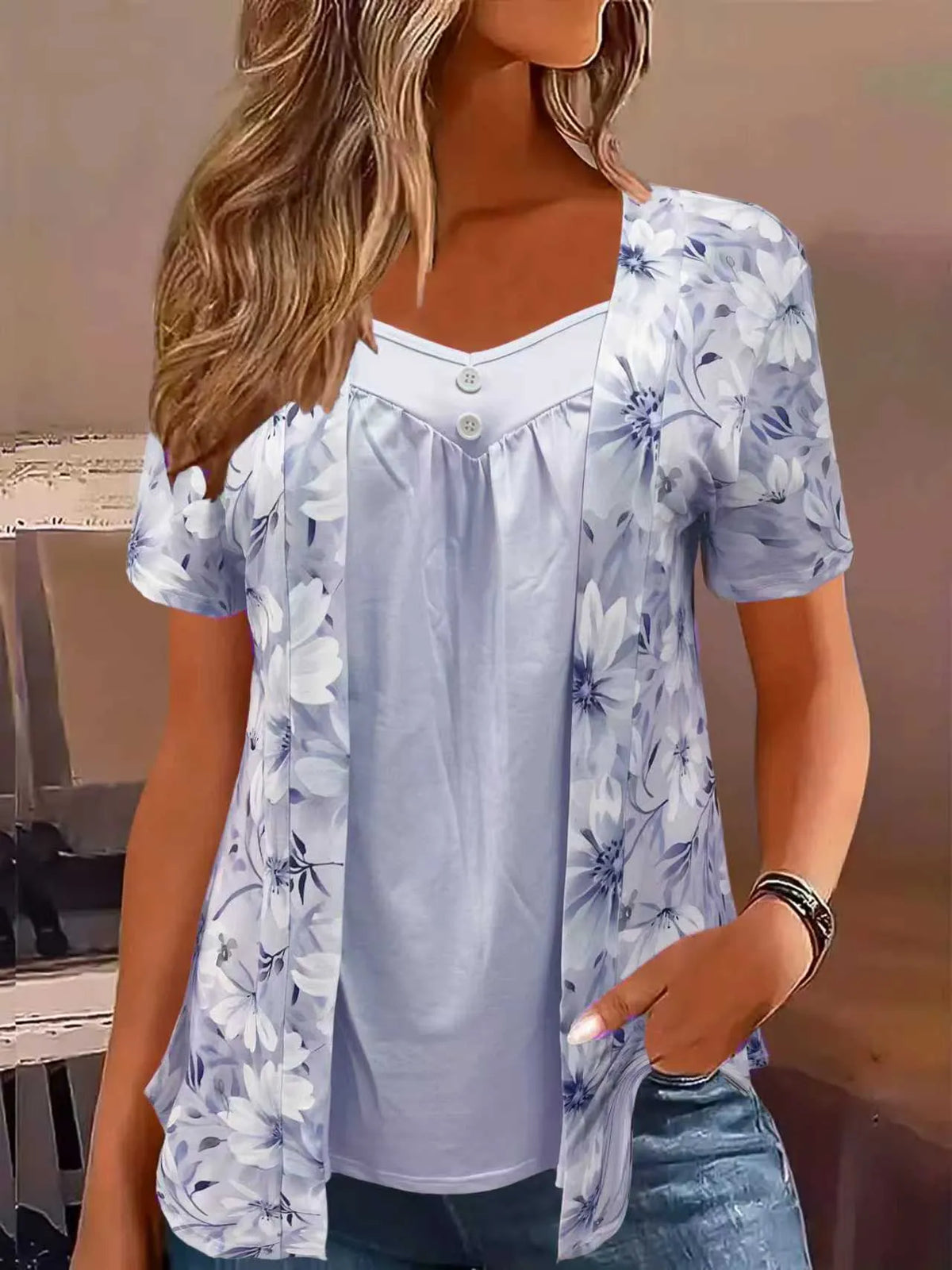 Floral Print Faux Two-Piece T-Shirt