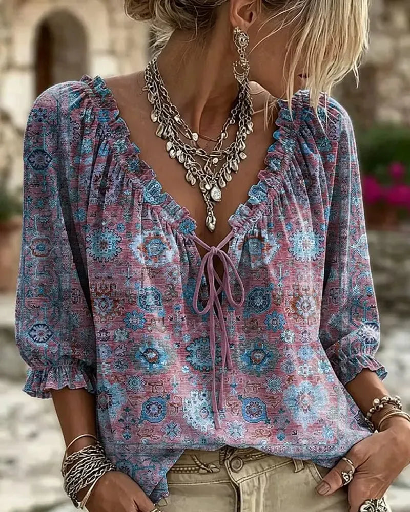 V-Neck Tie Vintage Print Blouse