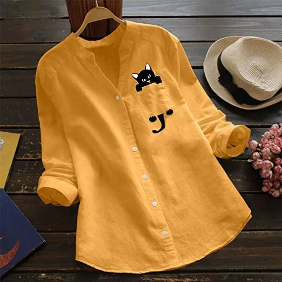 🔥V-neck Cotton And Cat Print Long Sleeve Blouse