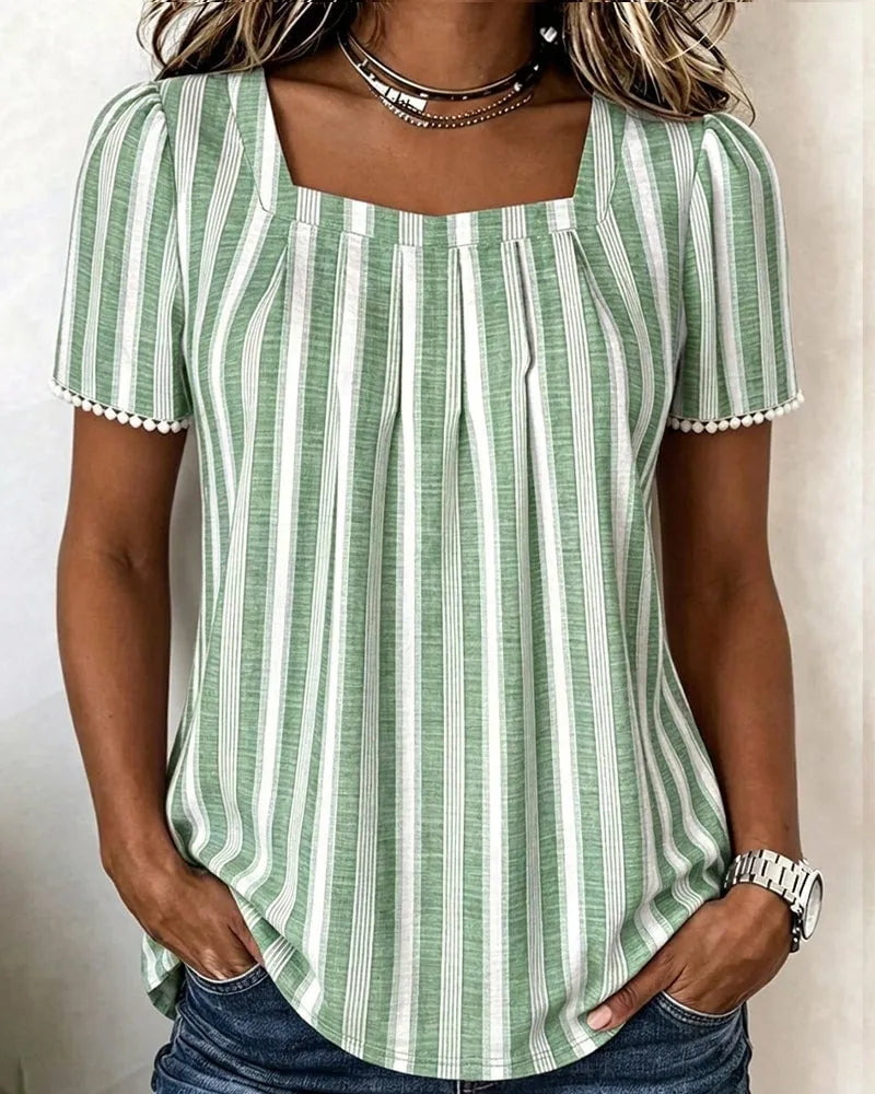 🍃Striped Square-Neck Short-Sleeve Blouse