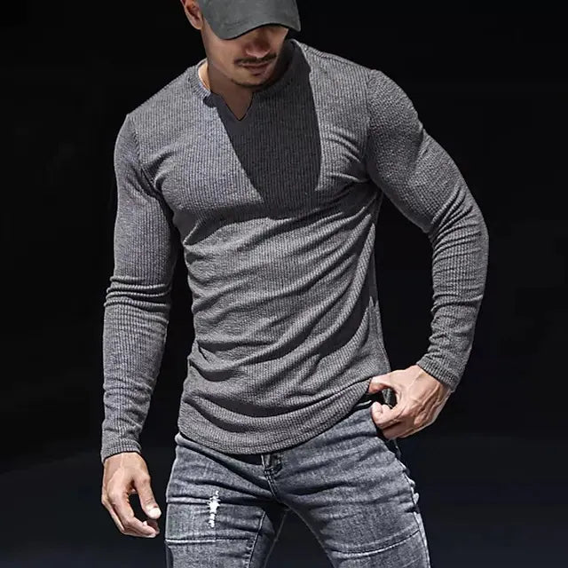Men's T shirt Tee Solid Color V Neck Long Sleeve  Casual Comfortable / Sports