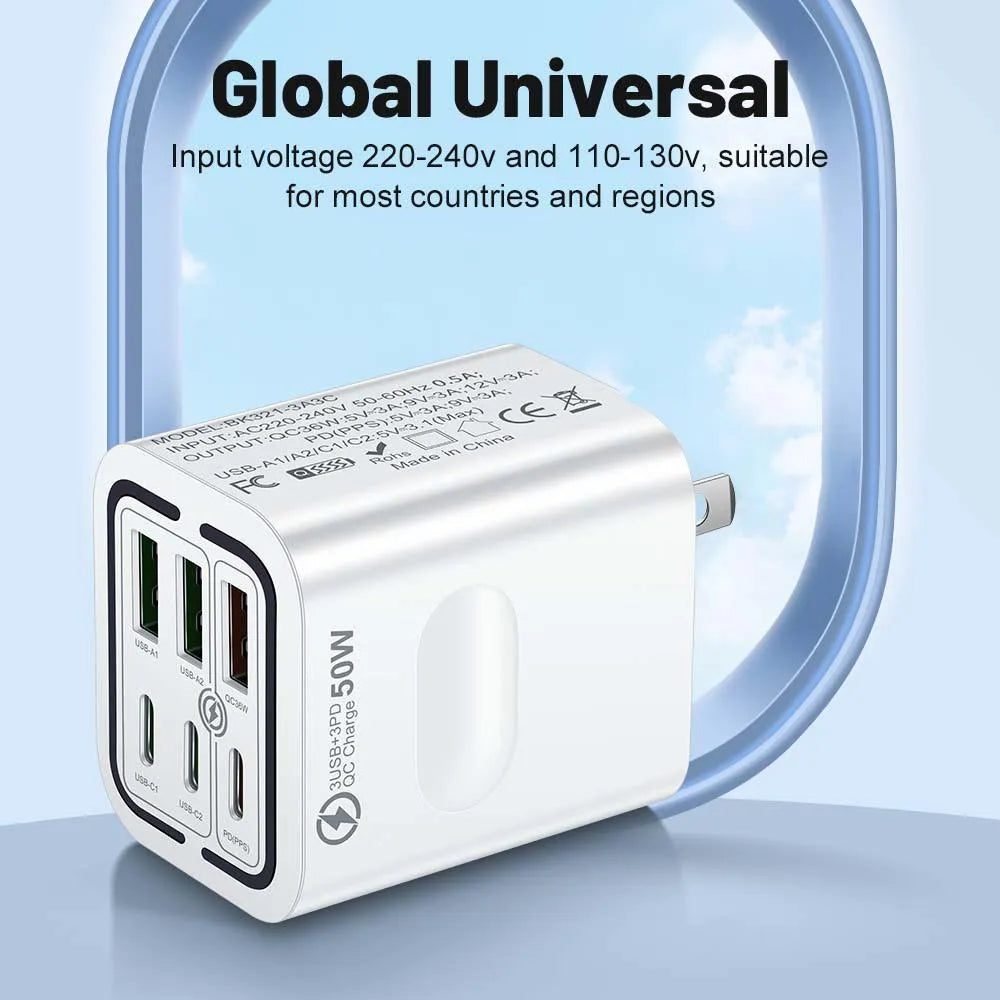 Portable Multi Port Charging Station 50W, 6-Port USB C & USB A