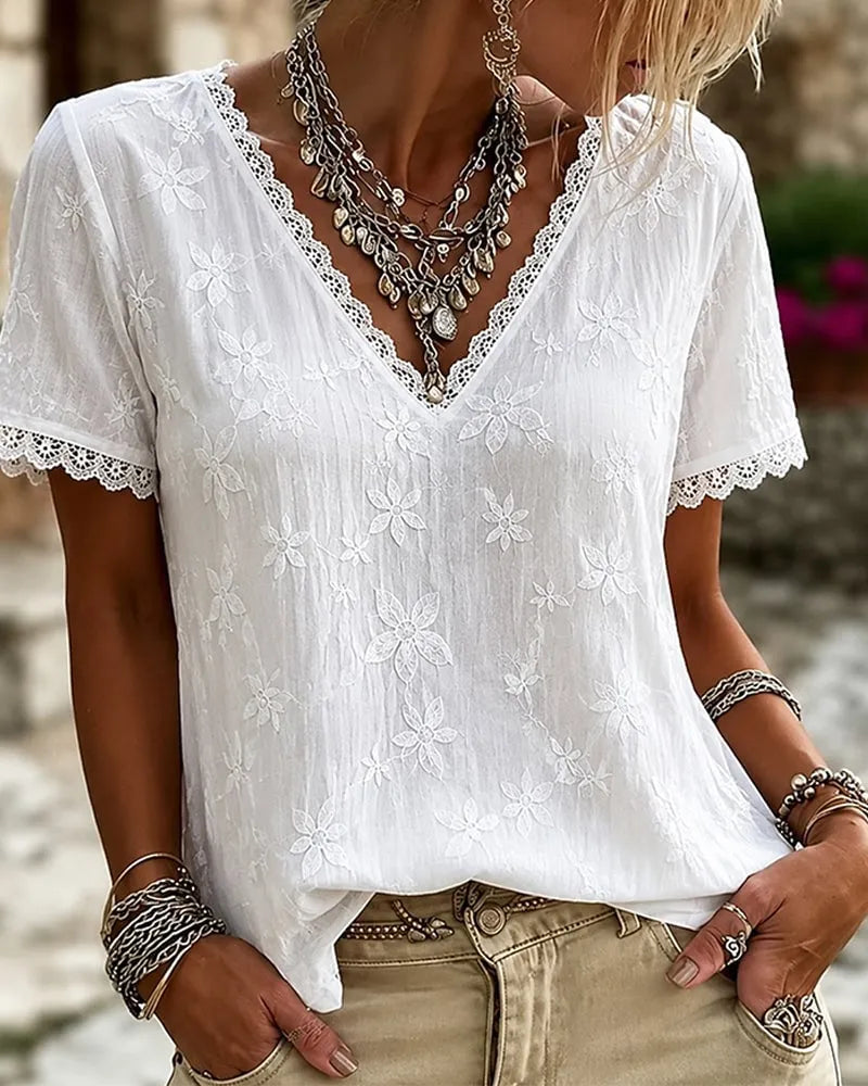 🍃V-Neck Lace Short Sleeve Blouse