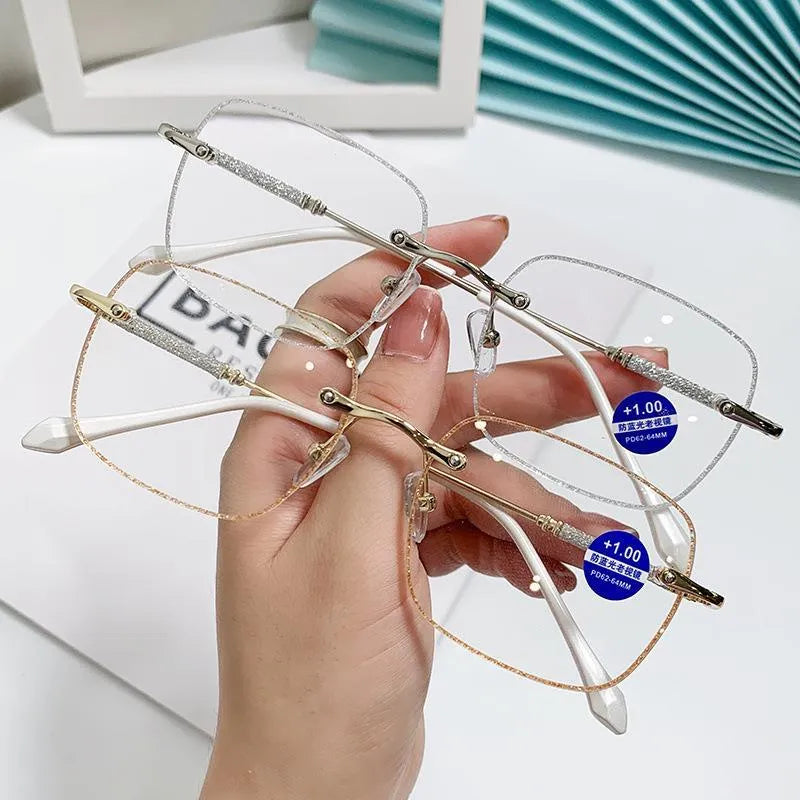 WOMEN'S LARGE FRAME DIAMOND RIMLESS ANTI-BLUE LIGHT PRESBYOPIA GLASSES