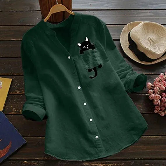 🔥V-neck Cotton And Cat Print Long Sleeve Blouse