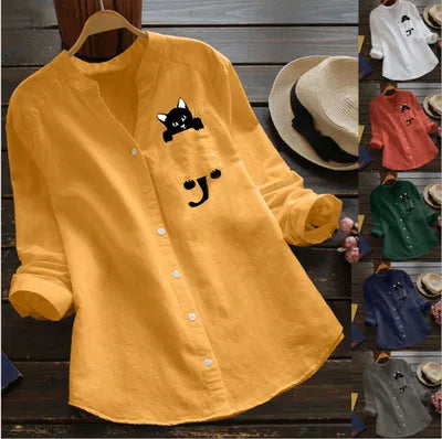 🔥V-neck Cotton And Cat Print Long Sleeve Blouse
