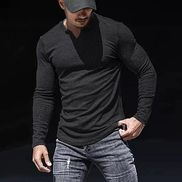 Men's T shirt Tee Solid Color V Neck Long Sleeve  Casual Comfortable / Sports