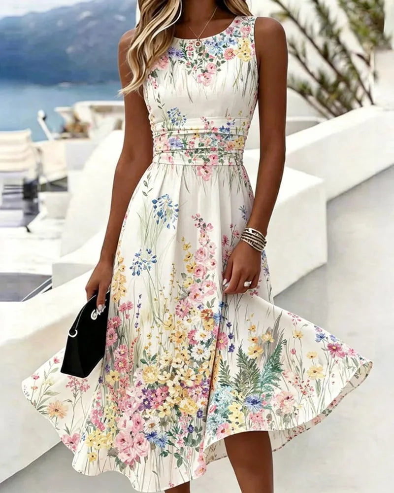 🍃Sleeveless Floral Print Waist-Cinching Dress