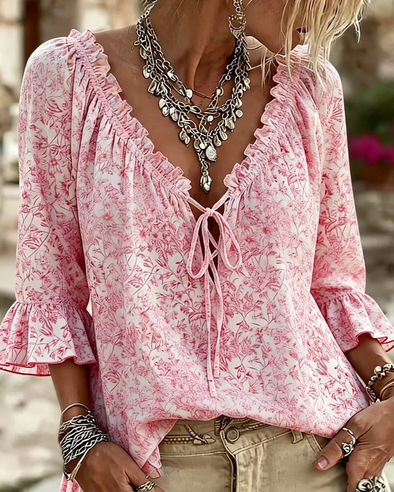 Floral Ruffle Tie Blouse