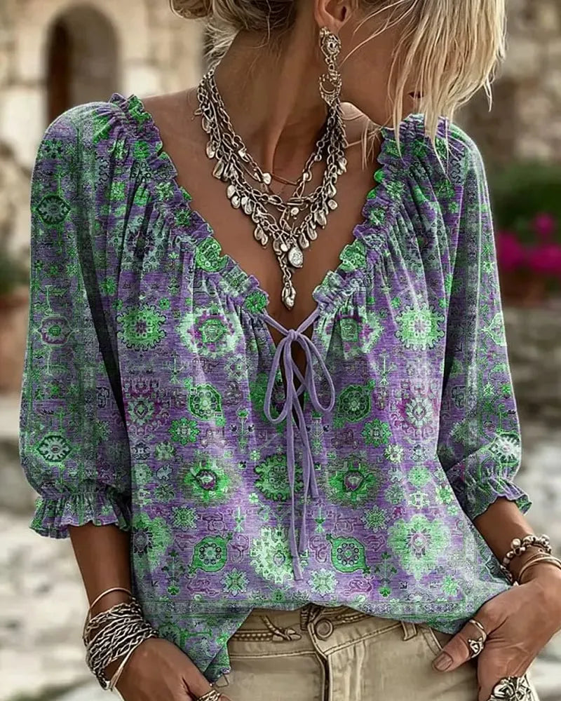 V-Neck Tie Vintage Print Blouse