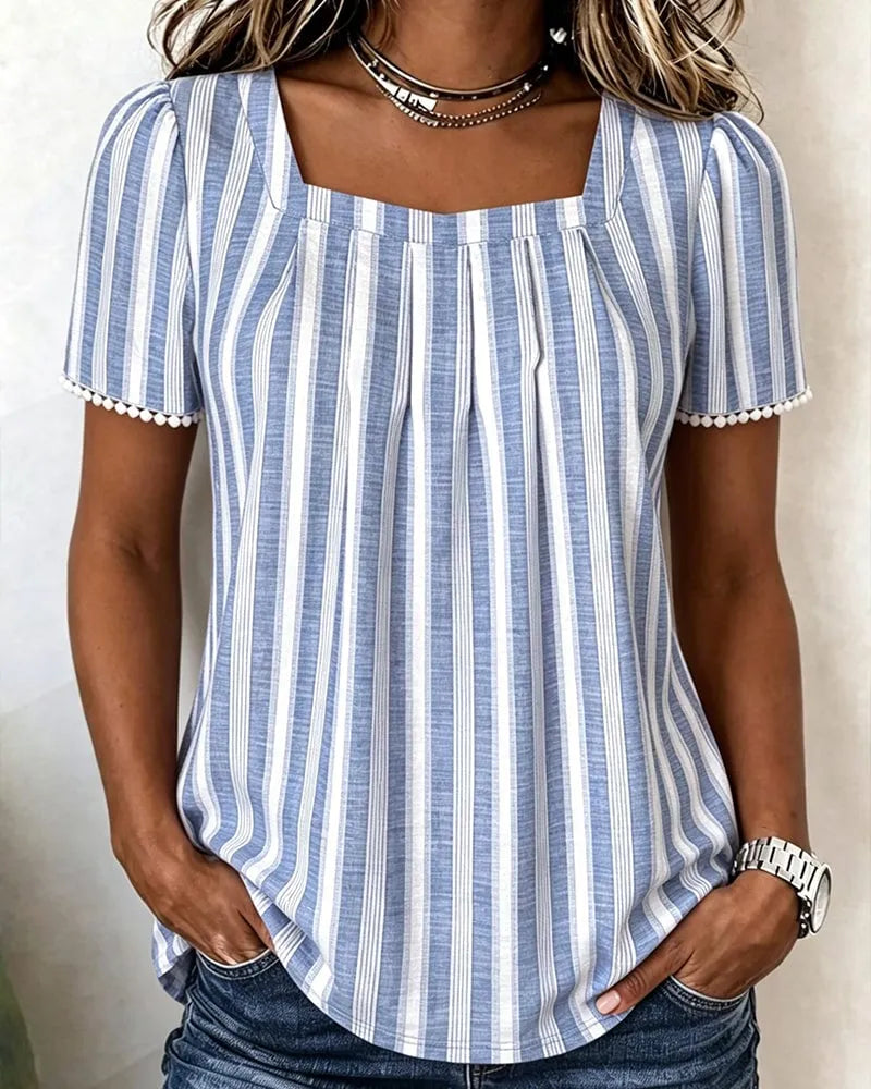 🍃Striped Square-Neck Short-Sleeve Blouse