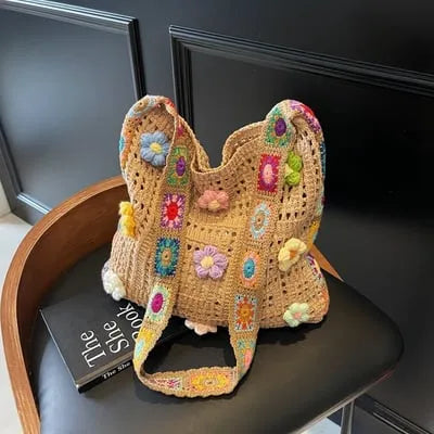 Casual Hollow Knit Tote Bag – Large Capacity Woven Shoulder Bag