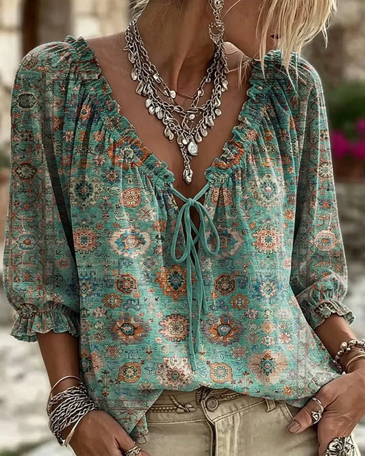 V-Neck Tie Vintage Print Blouse
