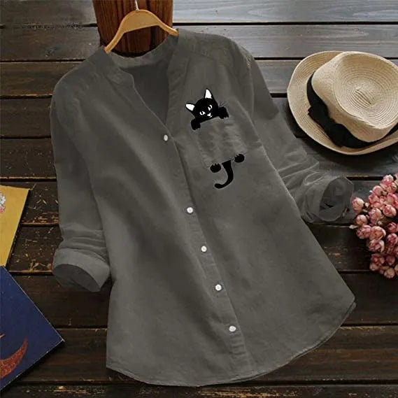 🔥V-neck Cotton And Cat Print Long Sleeve Blouse