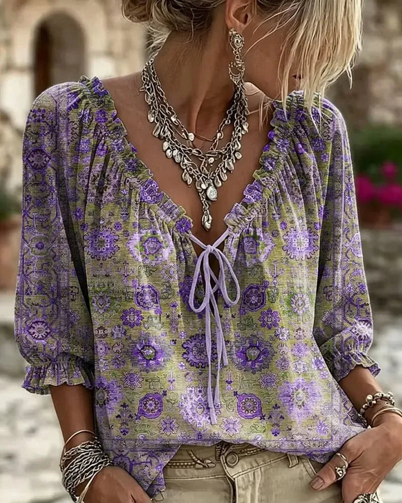 V-Neck Tie Vintage Print Blouse