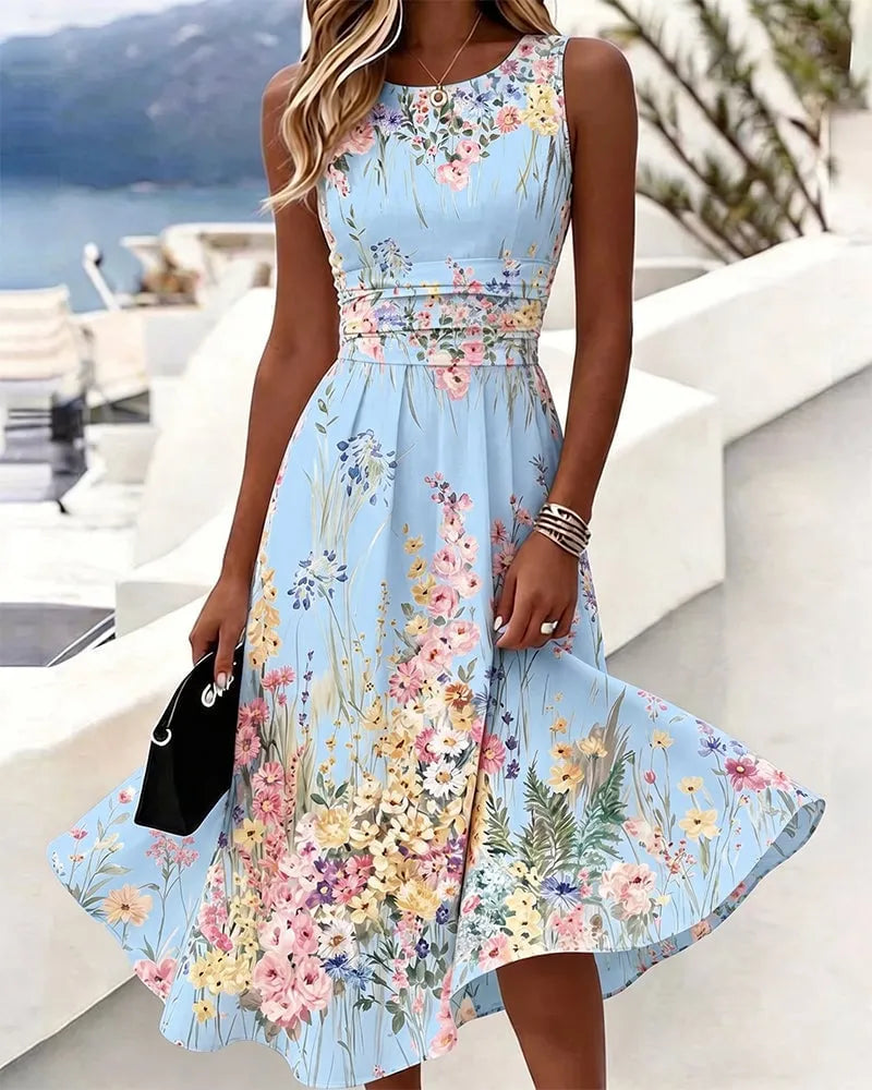 🍃Sleeveless Floral Print Waist-Cinching Dress